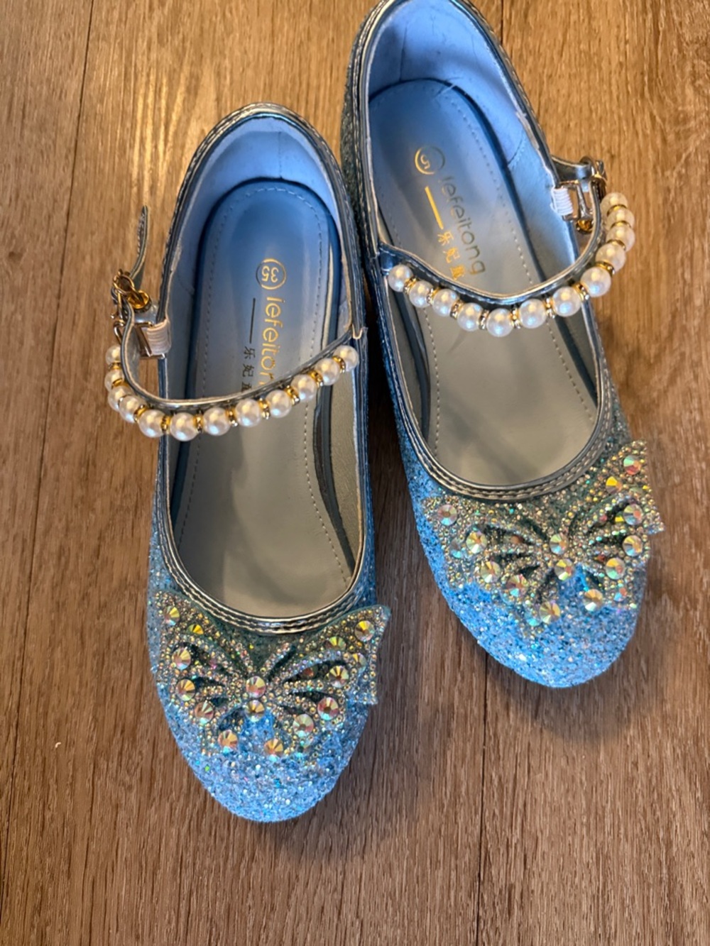 Girls Sparkly Blue Pearl-Strap Mary Jane Flats